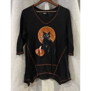 Onque Casuals Halloween black‎ cat and pumpkin sequin top Size Large